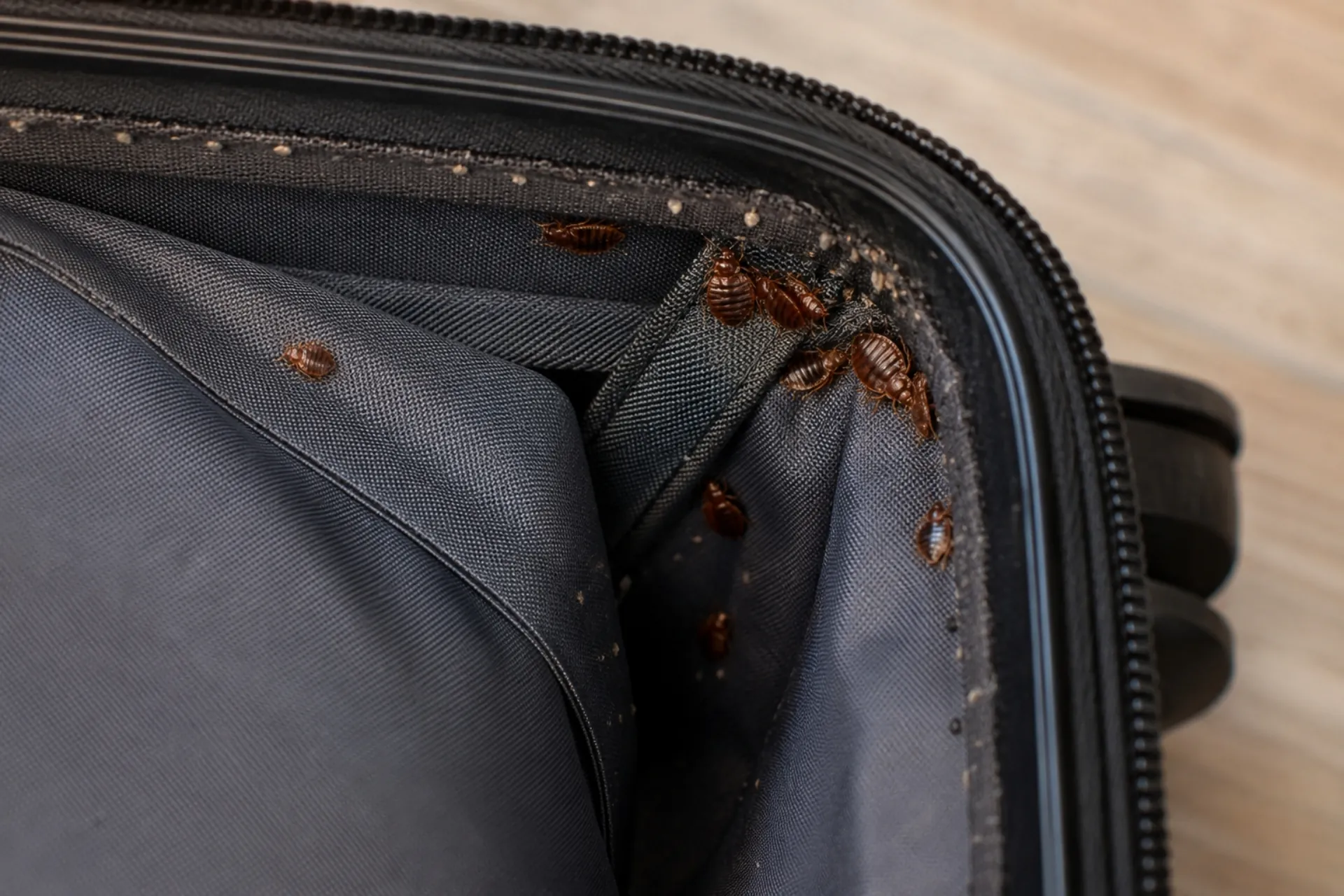 Bed bugs crawling inside the lining of an open suitcase