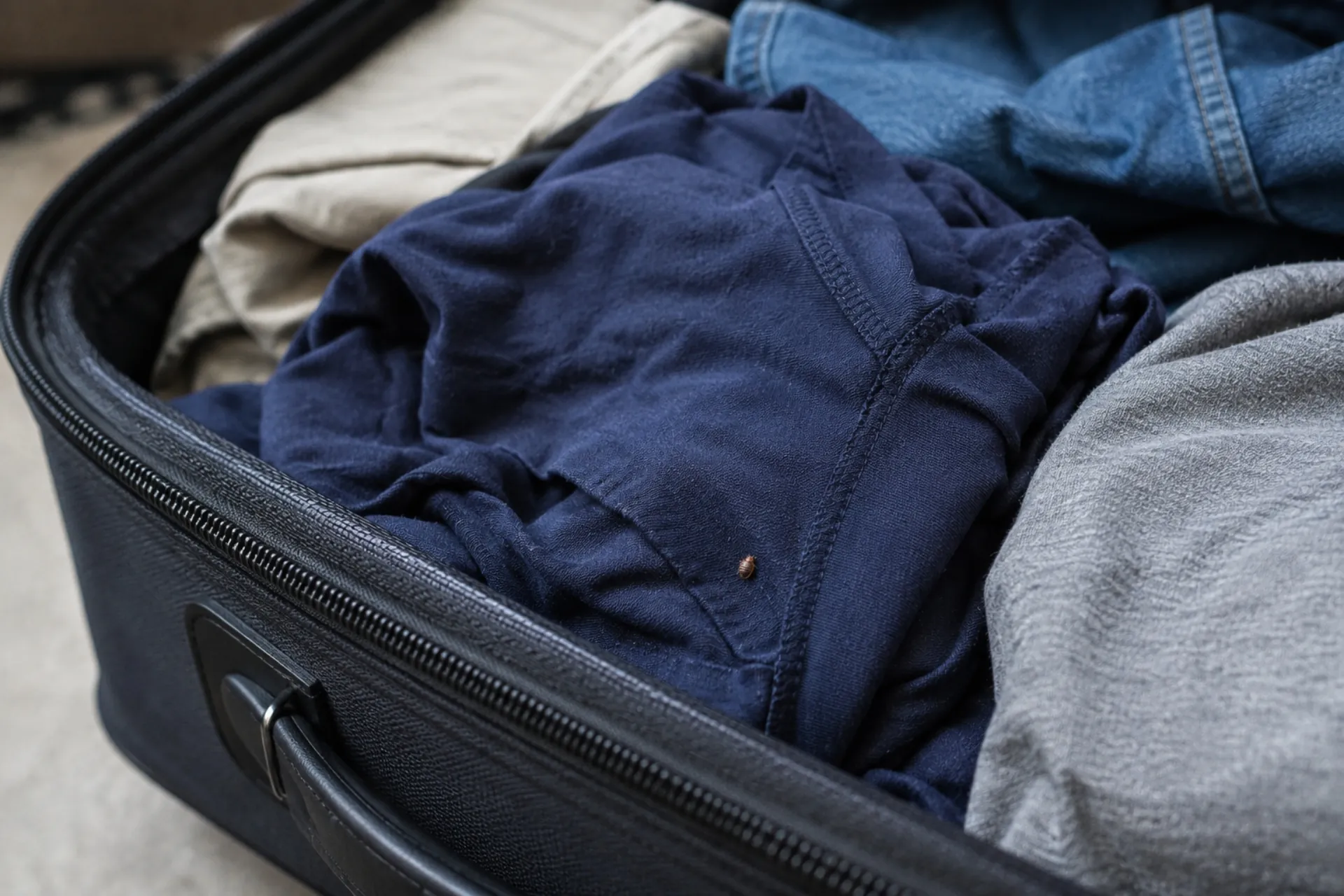 A single bed bug crawling on a folded dark blue shirt inside a open luggage bag