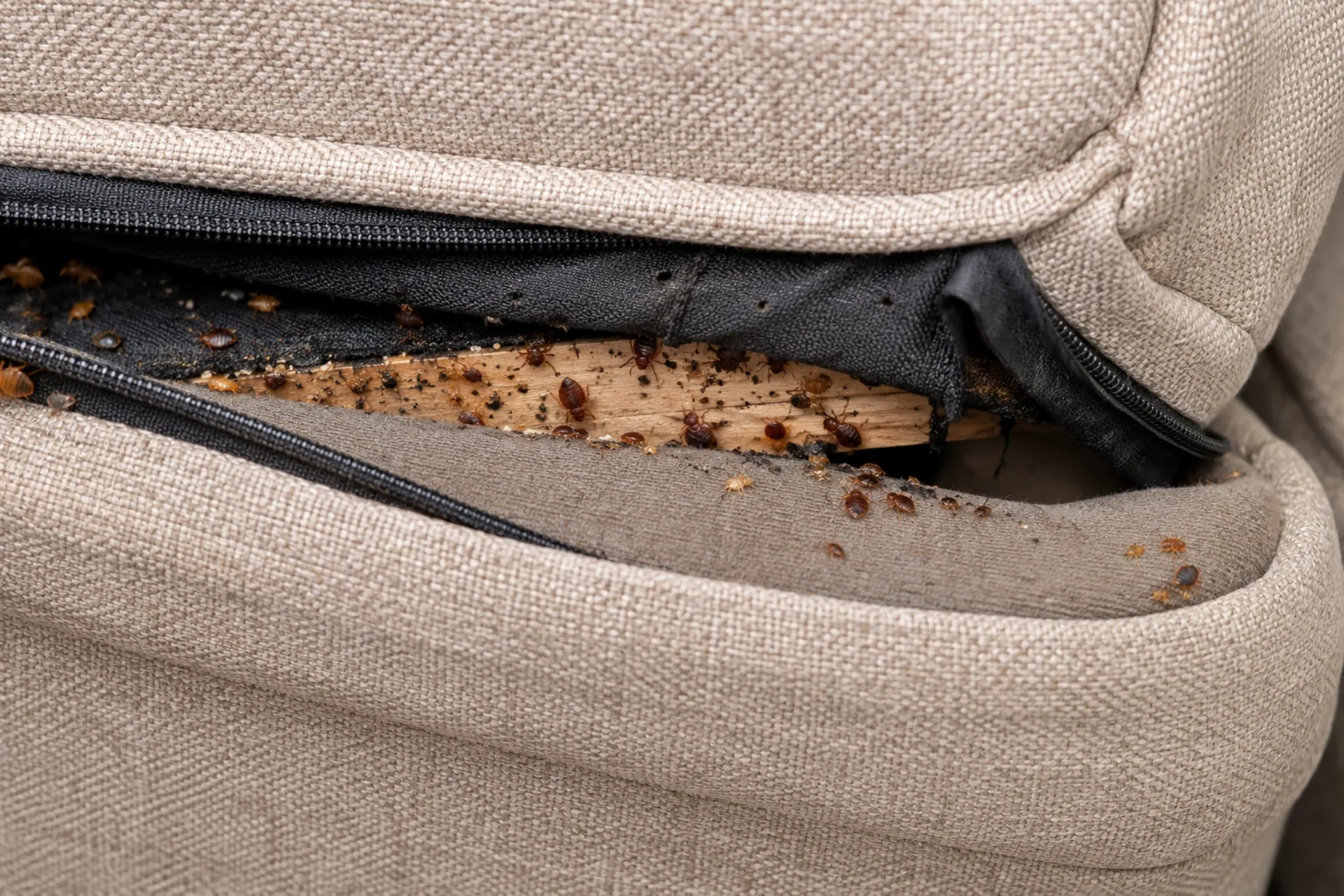 Bed bug infestation and dark spotting hidden inside the unzipped seam of a beige couch cushion